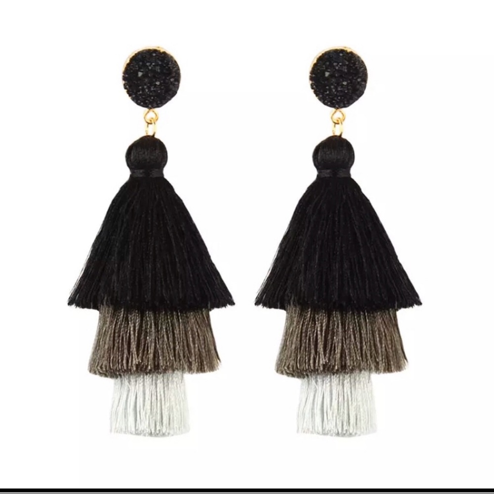 Boho Black & Grey multi layered tassel earrings